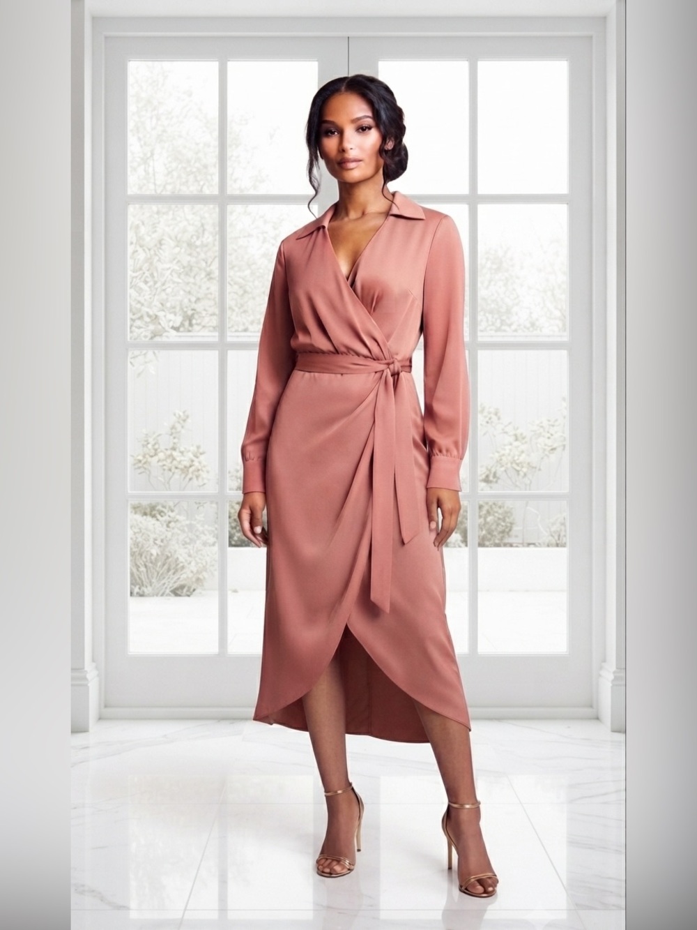ASOS Design Wrap-Front Long Sleeve Midi Dress in Dusty Rose*